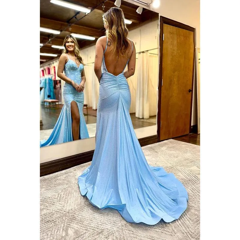 Simple Asual Spaghetti Straps V-Neck Mermaid Slit Evening Party Prom Dress