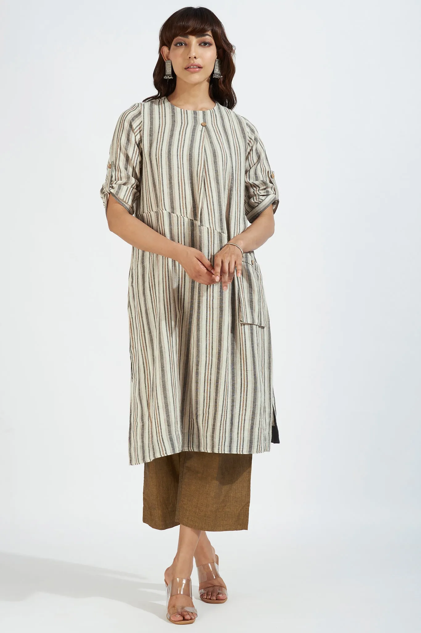 single flap slit kurta with patch pocket - zenith ochre and sand stripes