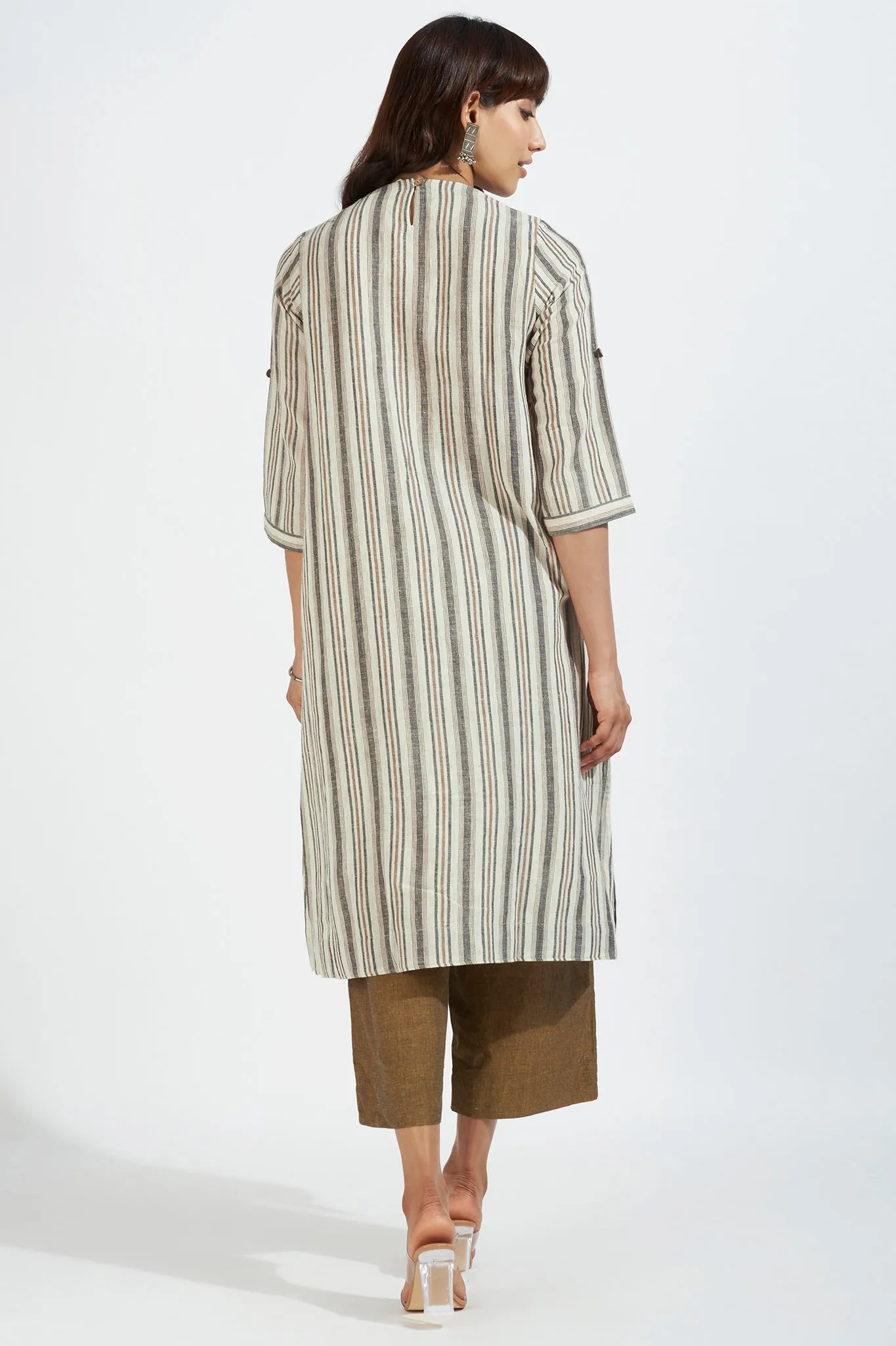 single flap slit kurta with patch pocket - zenith ochre and sand stripes