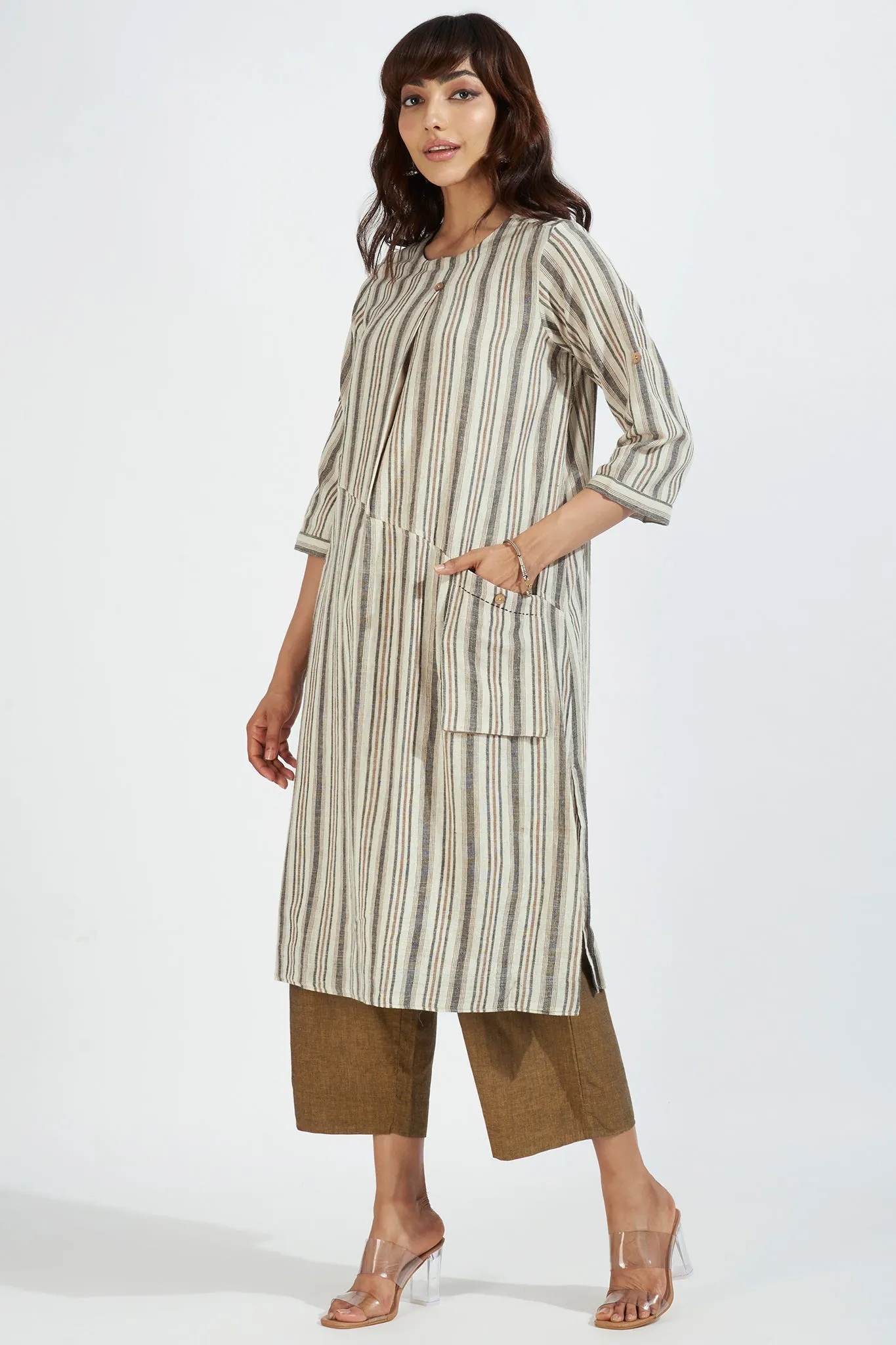 single flap slit kurta with patch pocket - zenith ochre and sand stripes