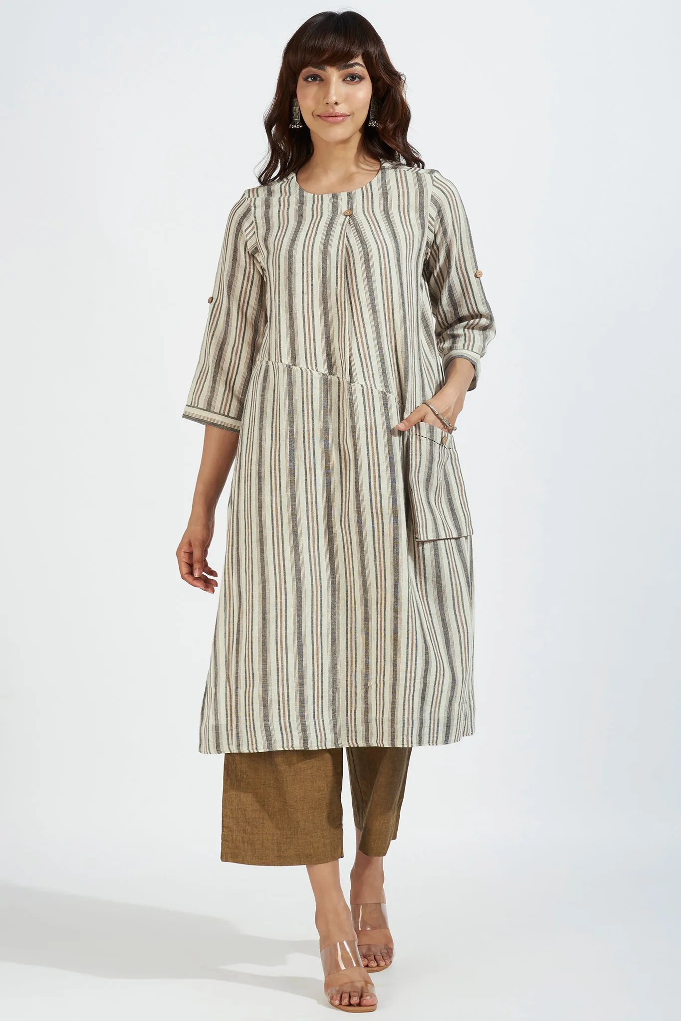 single flap slit kurta with patch pocket - zenith ochre and sand stripes