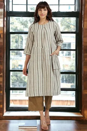 single flap slit kurta with patch pocket - zenith ochre and sand stripes