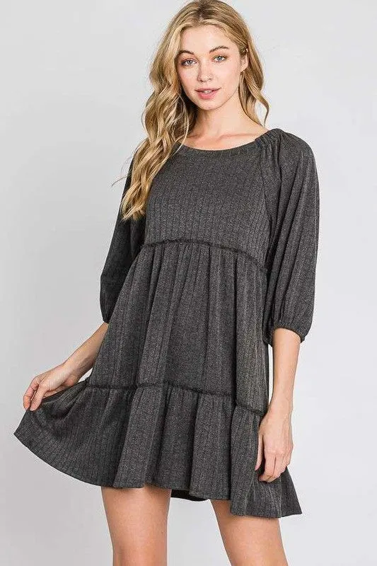 SOLID RIB CASUAL BABYDOLL TIERED DRESS
