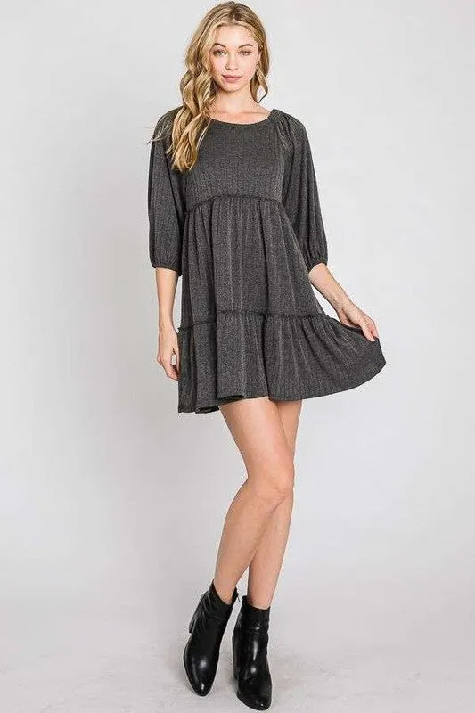 SOLID RIB CASUAL BABYDOLL TIERED DRESS