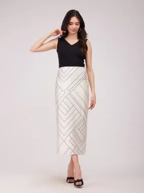 Stretch Satin A-line Skirt - Off White And Black