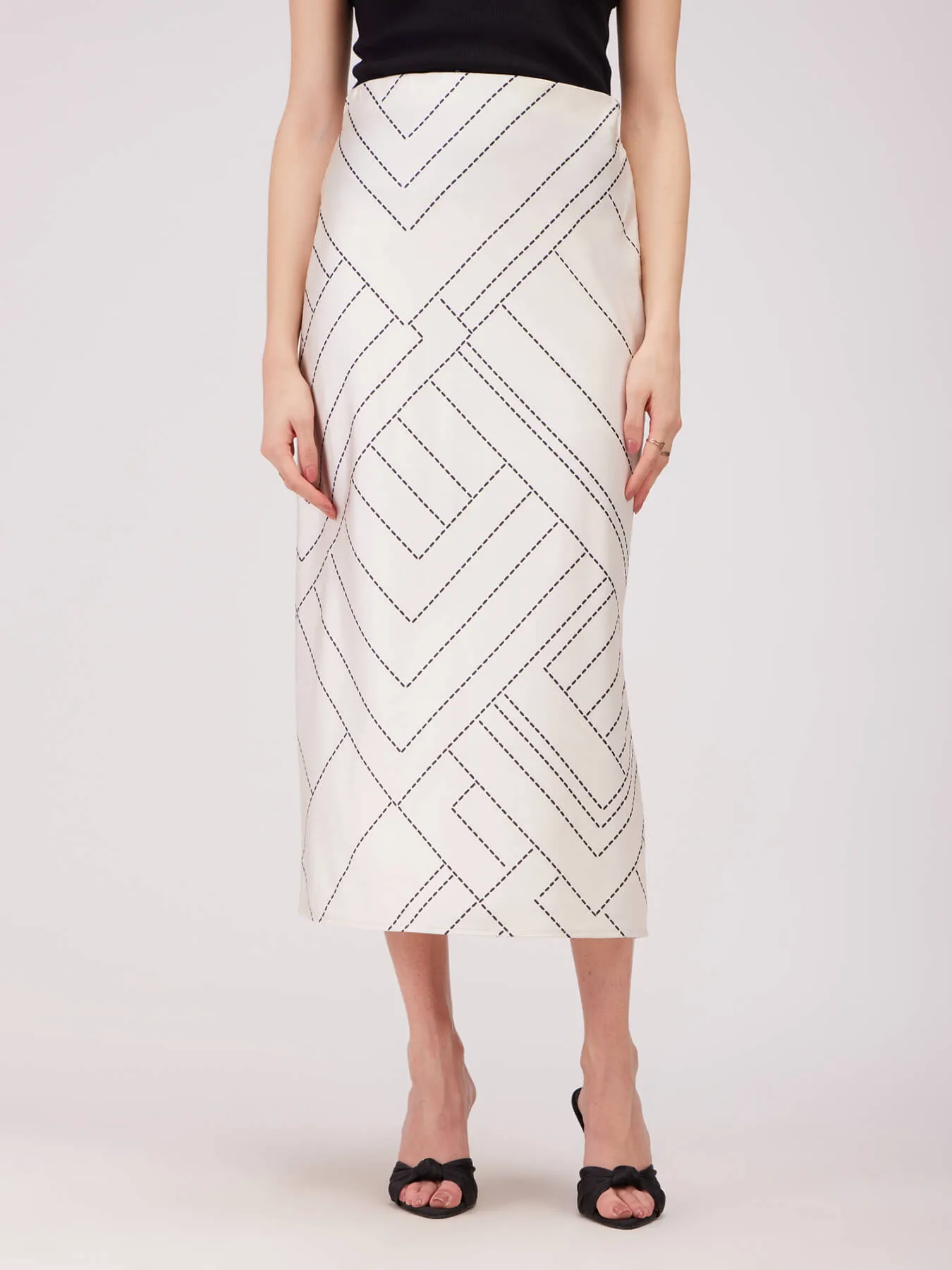 Stretch Satin A-line Skirt - Off White And Black