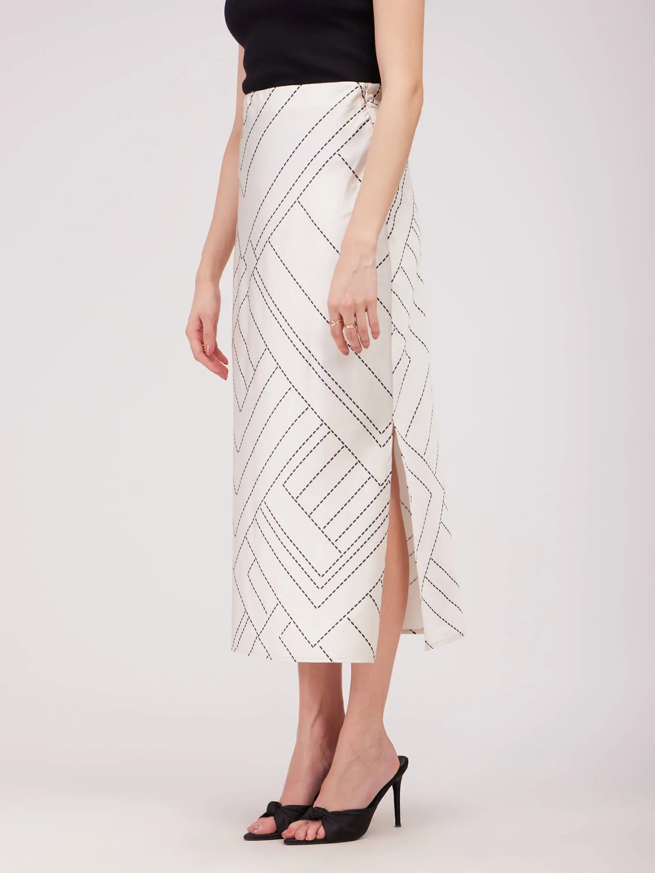 Stretch Satin A-line Skirt - Off White And Black