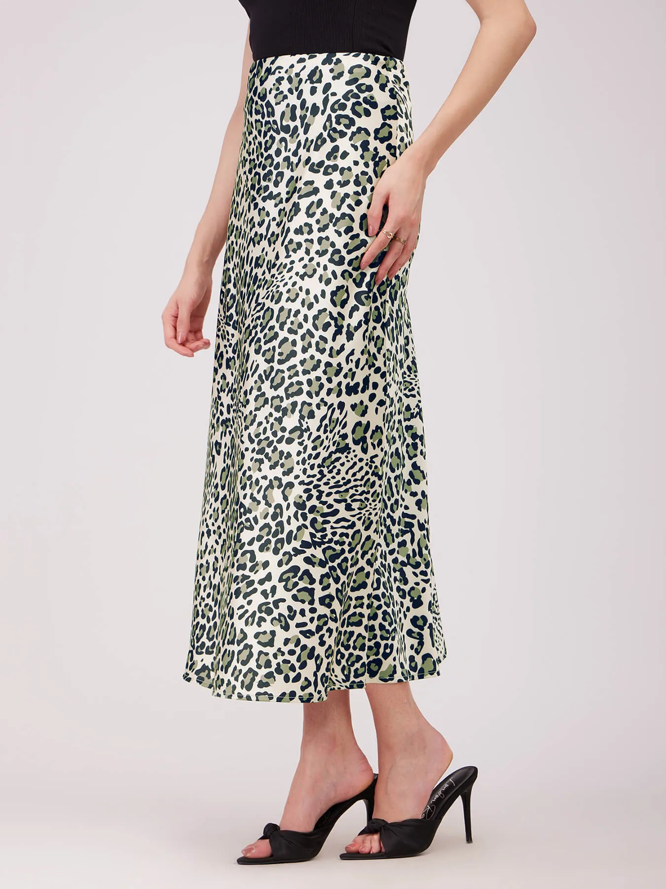 Stretch Satin Animal Print Skirt - Beige And Olive