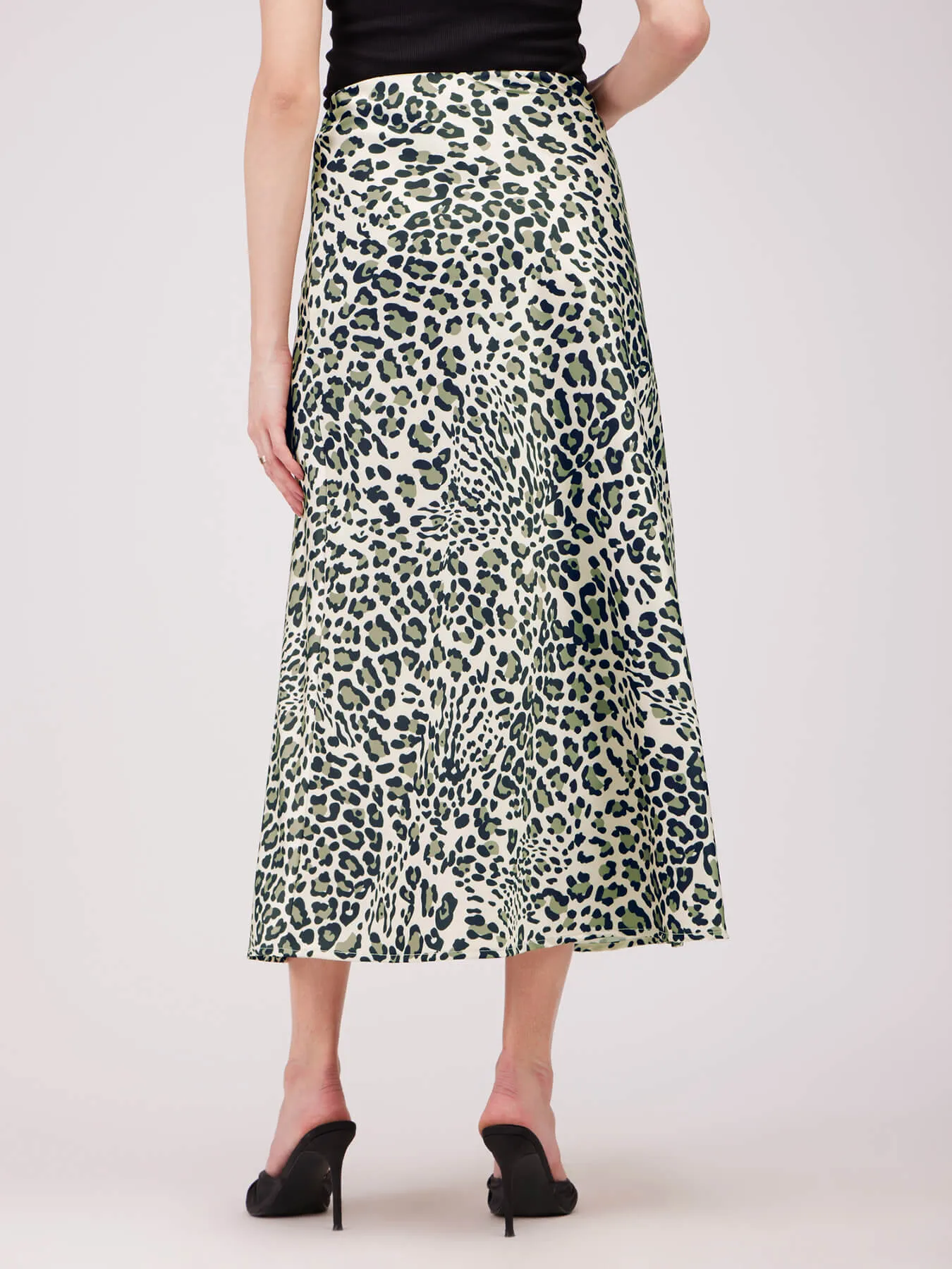 Stretch Satin Animal Print Skirt - Beige And Olive