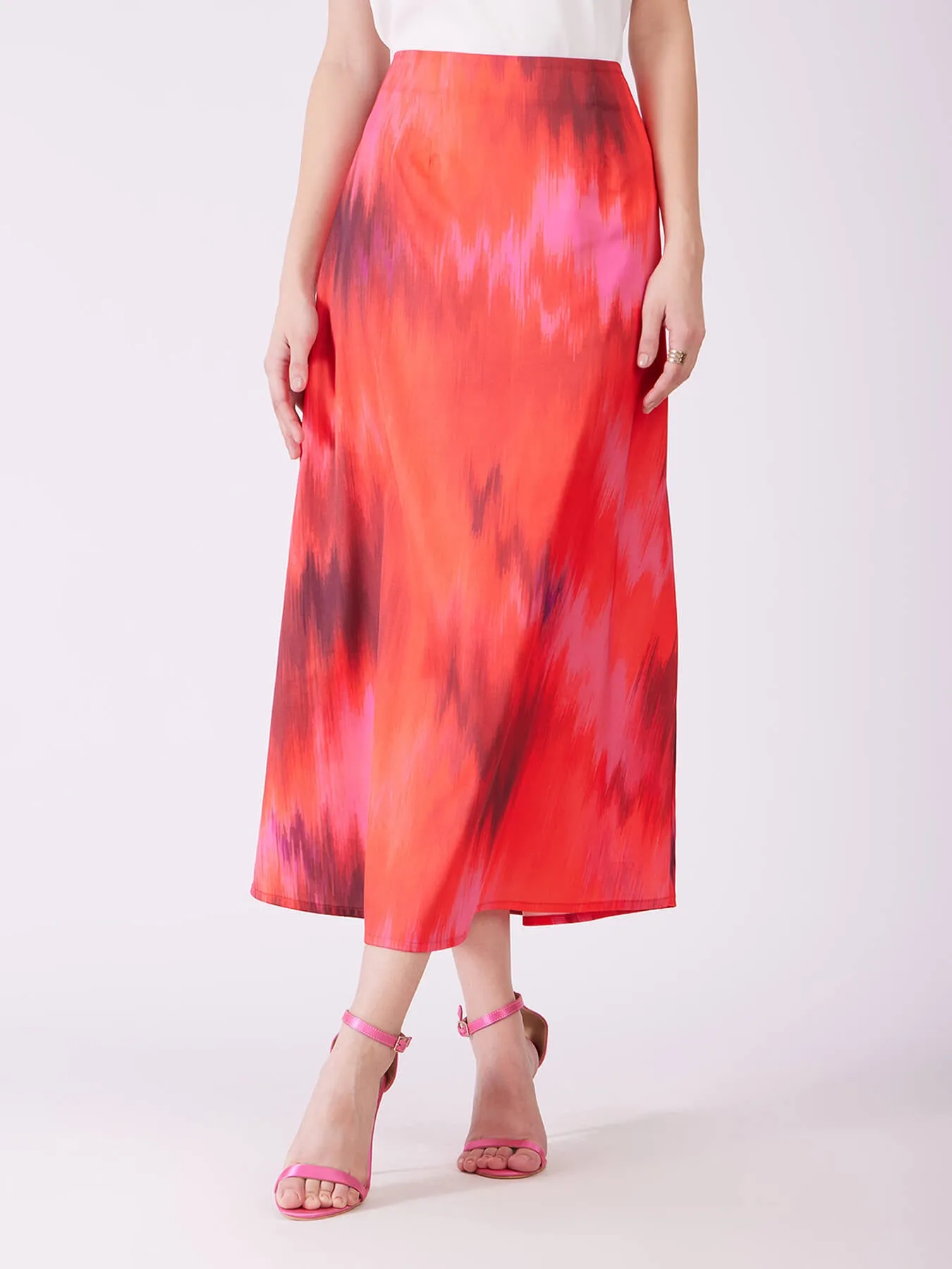 Stretch Satin Ombre Midi Skirt - Red And Pink