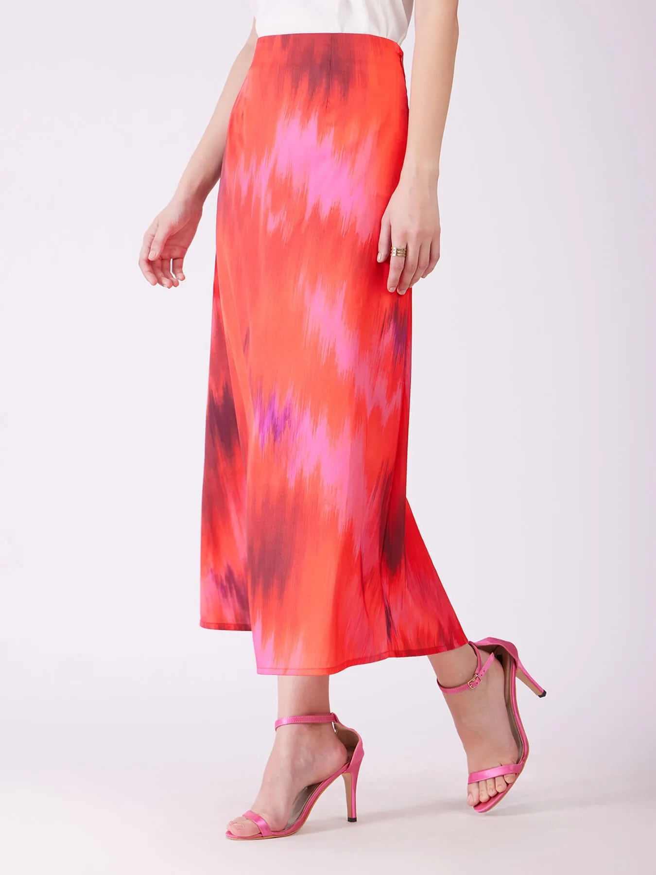 Stretch Satin Ombre Midi Skirt - Red And Pink