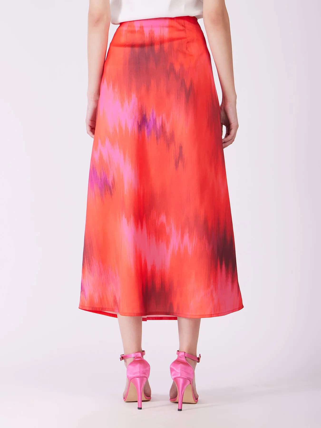 Stretch Satin Ombre Midi Skirt - Red And Pink