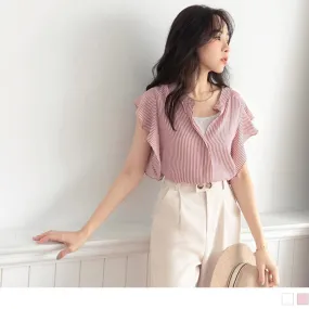 STRIPED RUFFLE SLEEVE CHIFFON TUNIC TOPS