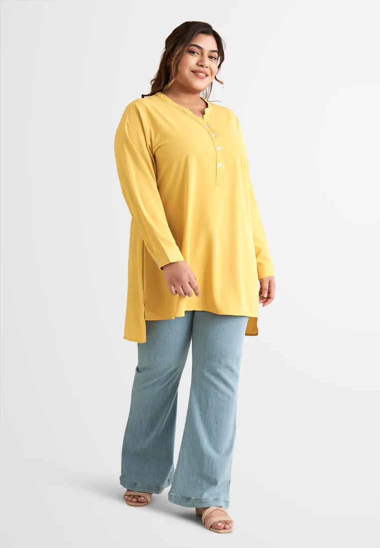 Tabbi Stand Collar Half Button Blouse - Khaki