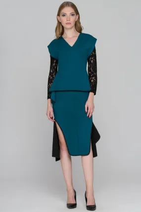 Teal Green Black Lace Sleeve Midi Dress