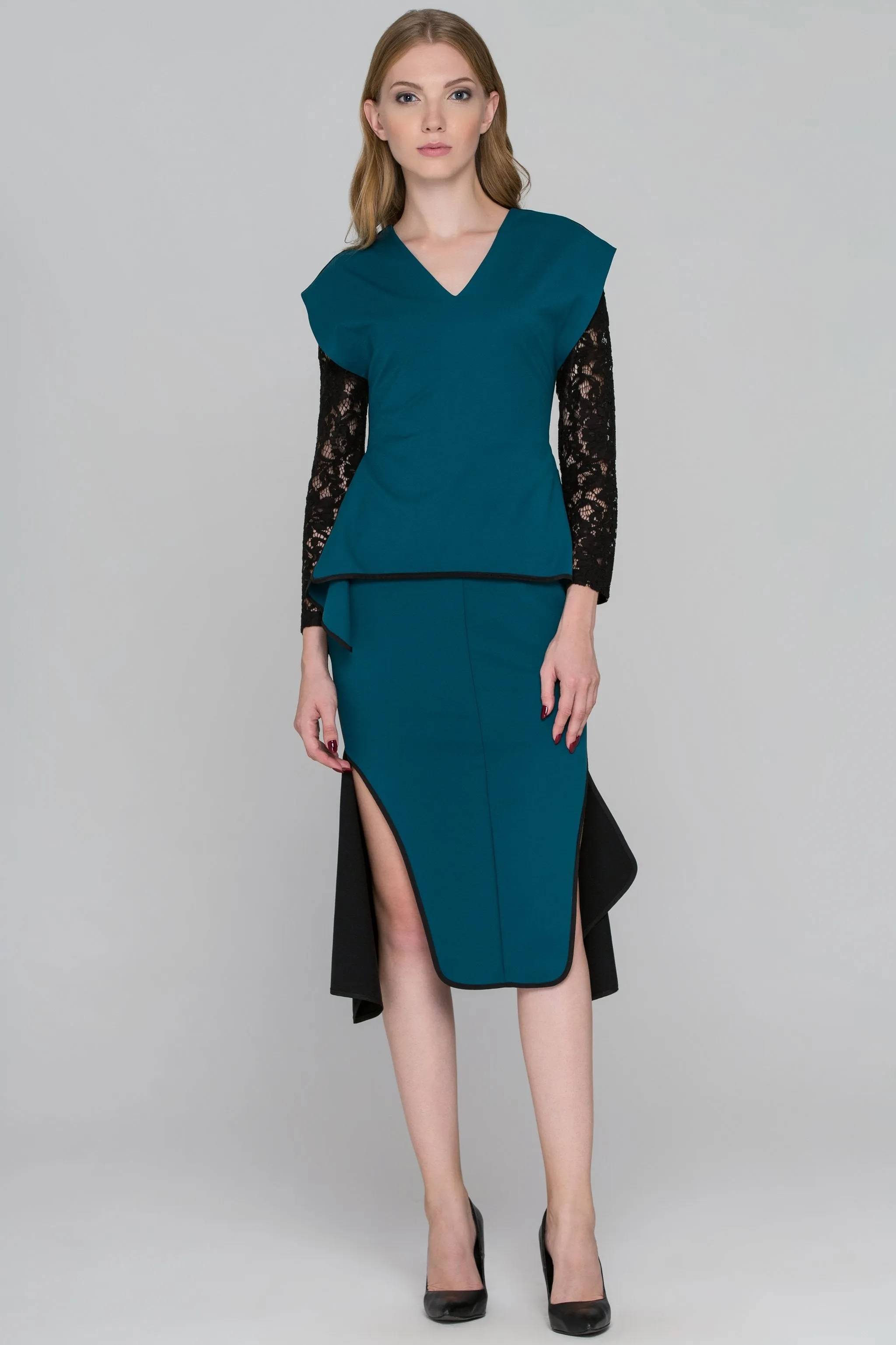 Teal Green Black Lace Sleeve Midi Dress