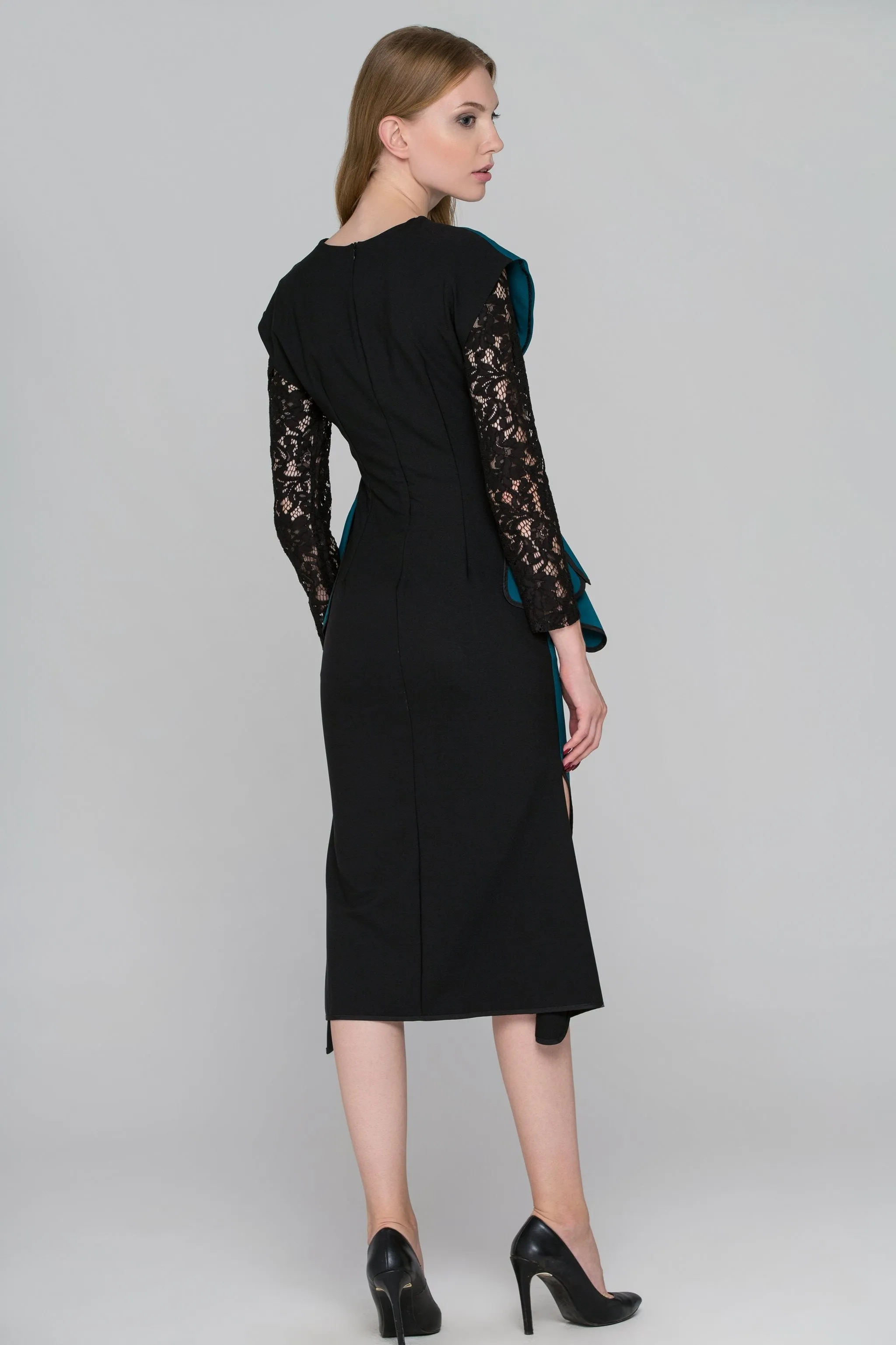 Teal Green Black Lace Sleeve Midi Dress