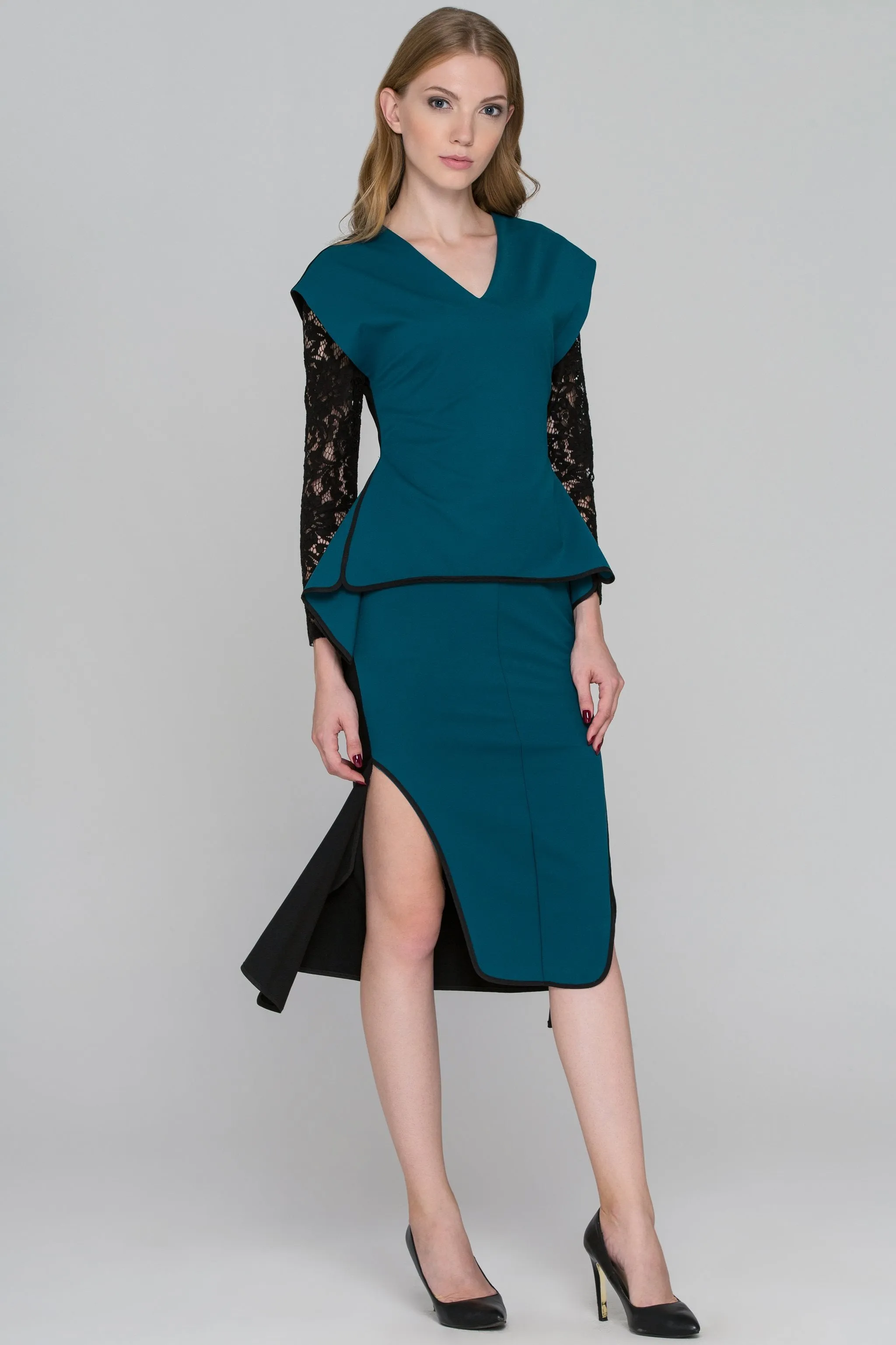 Teal Green Black Lace Sleeve Midi Dress