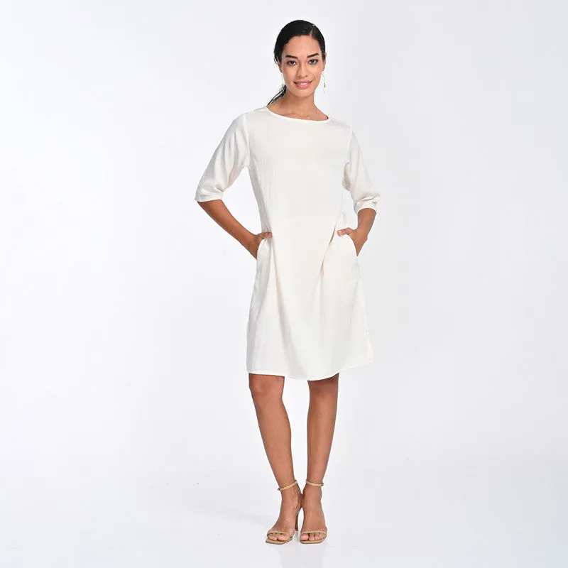 Tencel Dress For Women | Boat Neck | Straight Fit | Off White