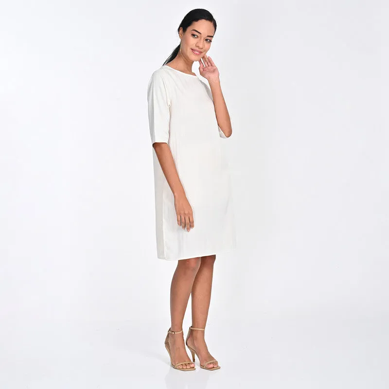 Tencel Dress For Women | Boat Neck | Straight Fit | Off White