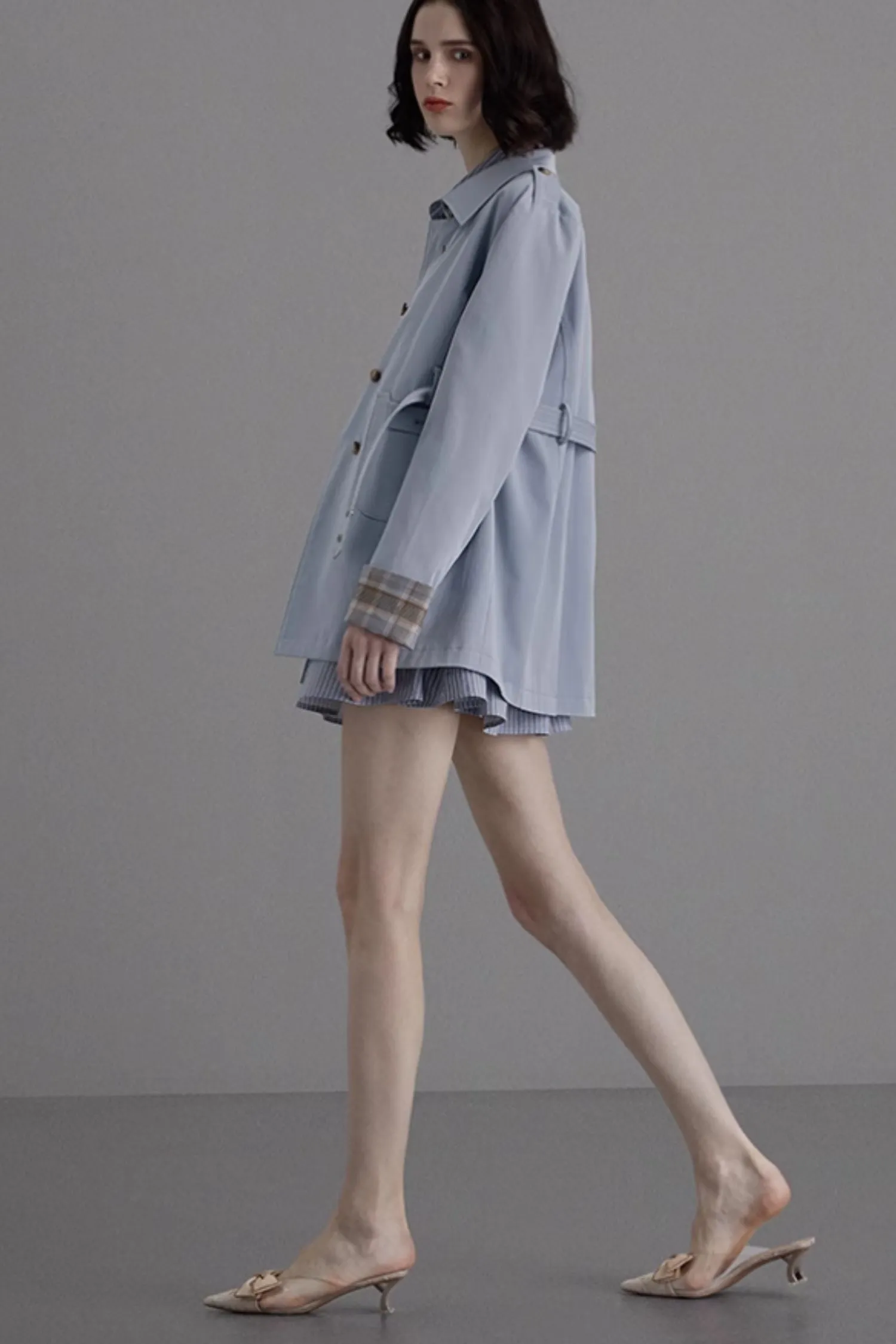 Tie belt blue trench coat women 5379
