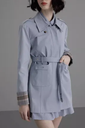 Tie belt blue trench coat women 5379