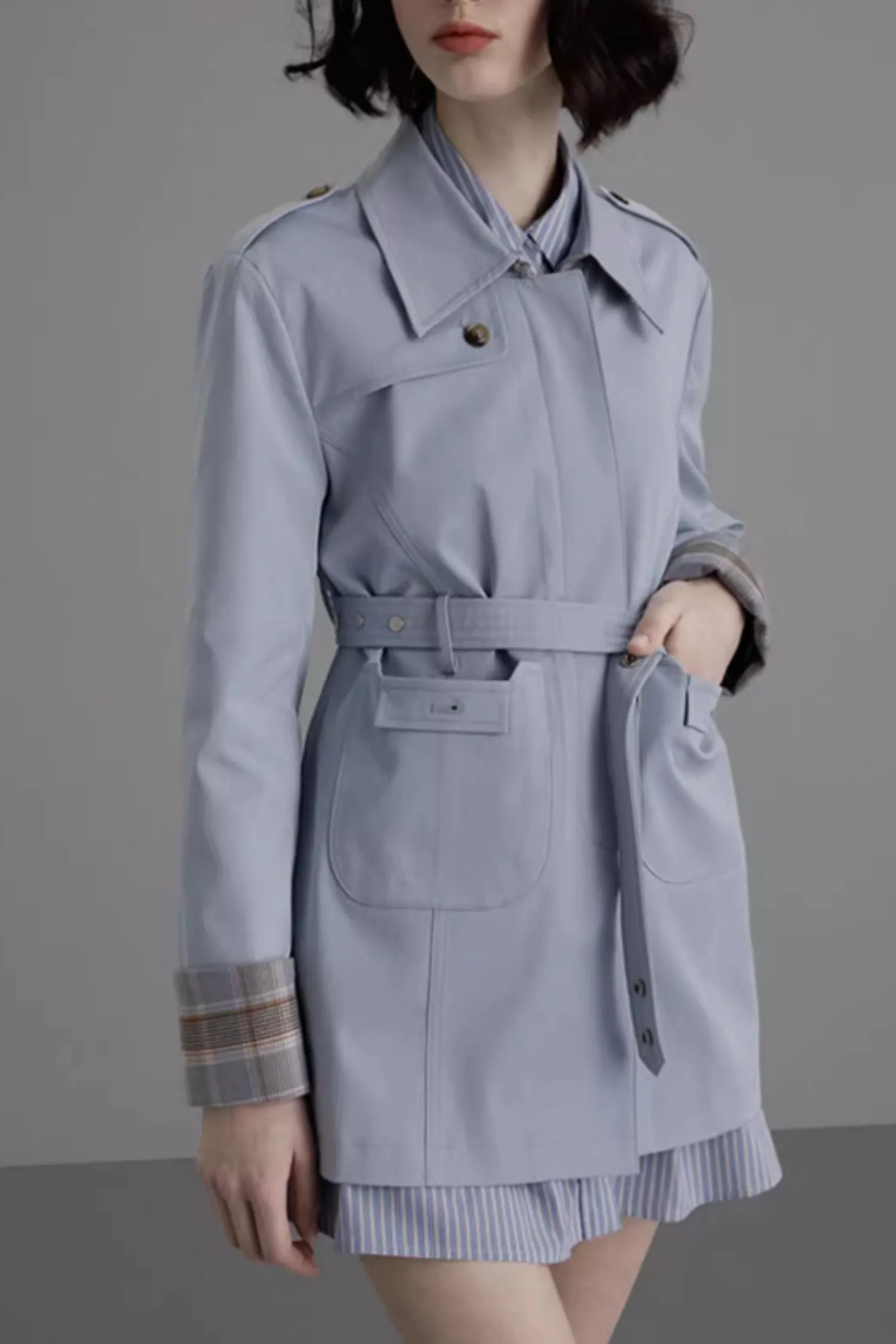 Tie belt blue trench coat women 5379