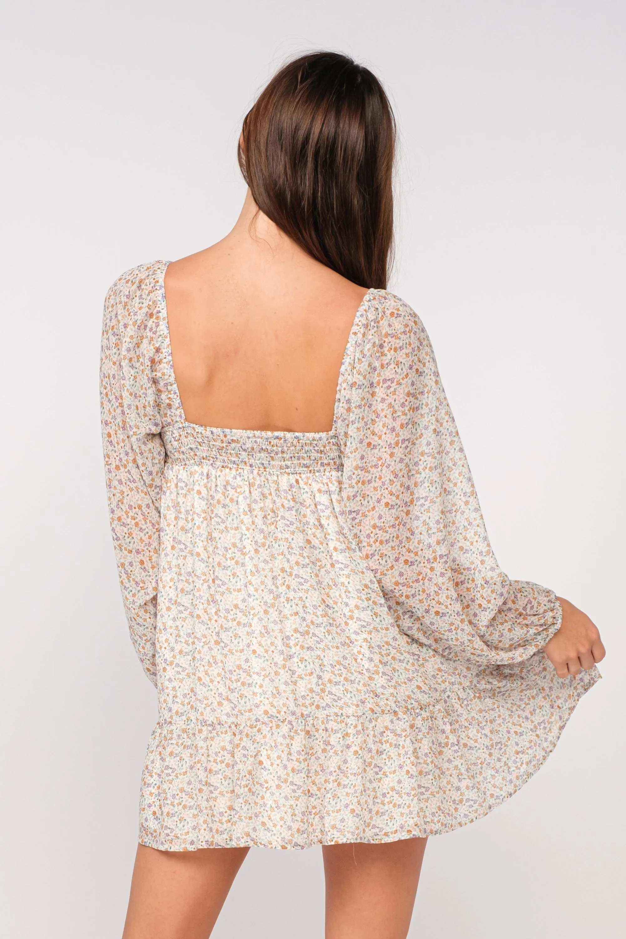 Trish Beige Floral Long Sleeve Babydoll Mini Dress