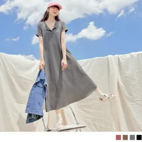 V-NECK A-LINE SHORT SLEEVE TUNIC MAXI DRESS