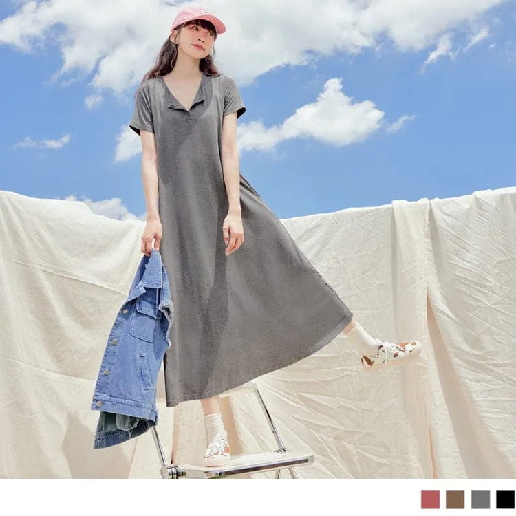 V-NECK A-LINE SHORT SLEEVE TUNIC MAXI DRESS