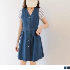 V-NECK POCKET TUNIC SLEEVELESS DENIM MINI DRESS