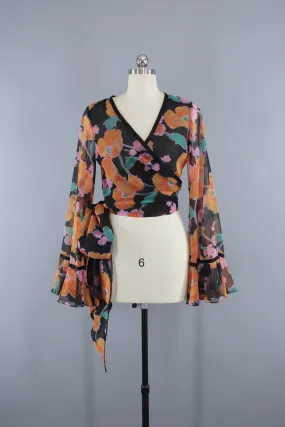 Vintage 1970s Cropped Wrap Blouse in Black Floral Print Chiffon by Scott Barrie