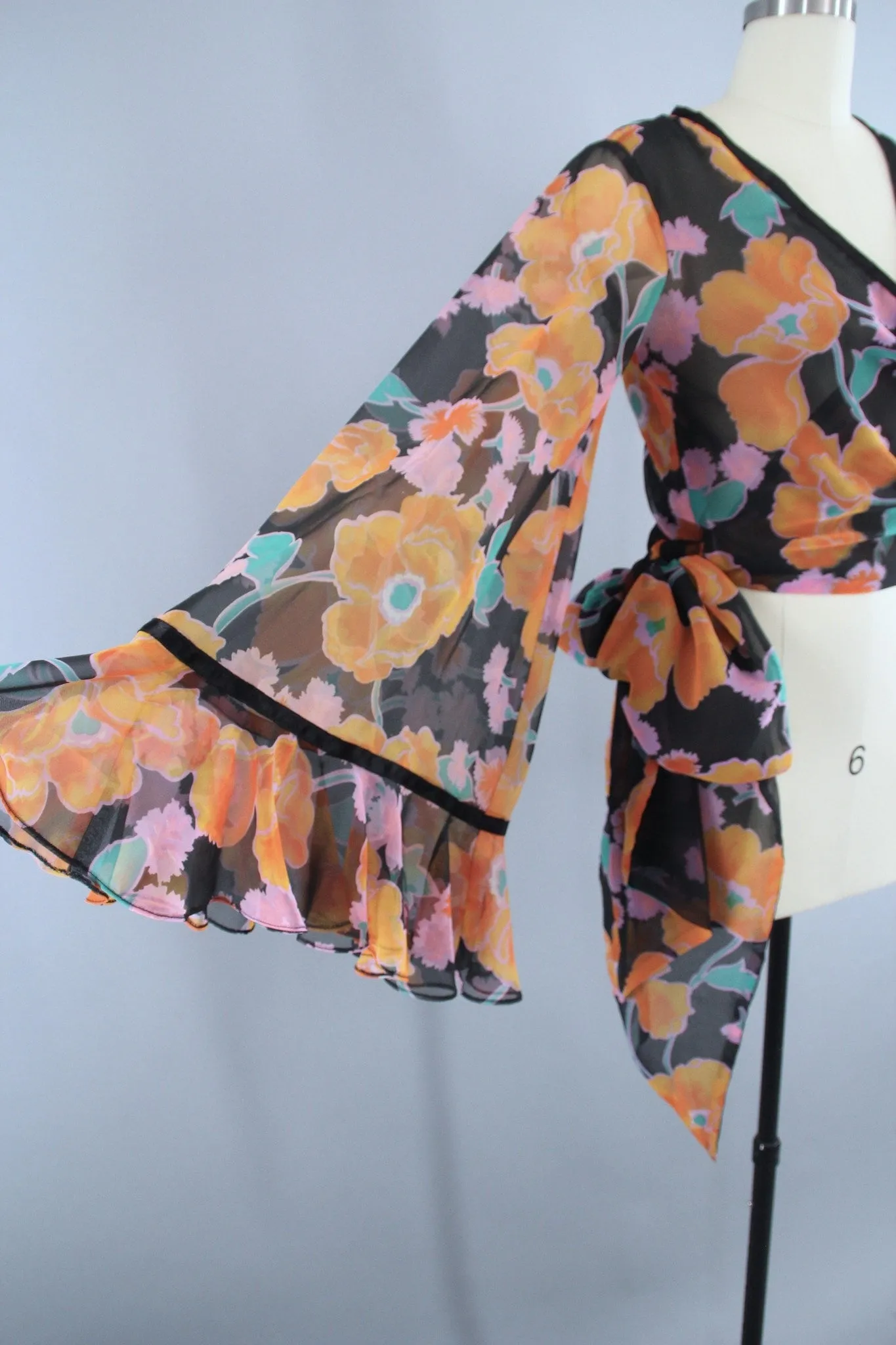 Vintage 1970s Cropped Wrap Blouse in Black Floral Print Chiffon by Scott Barrie