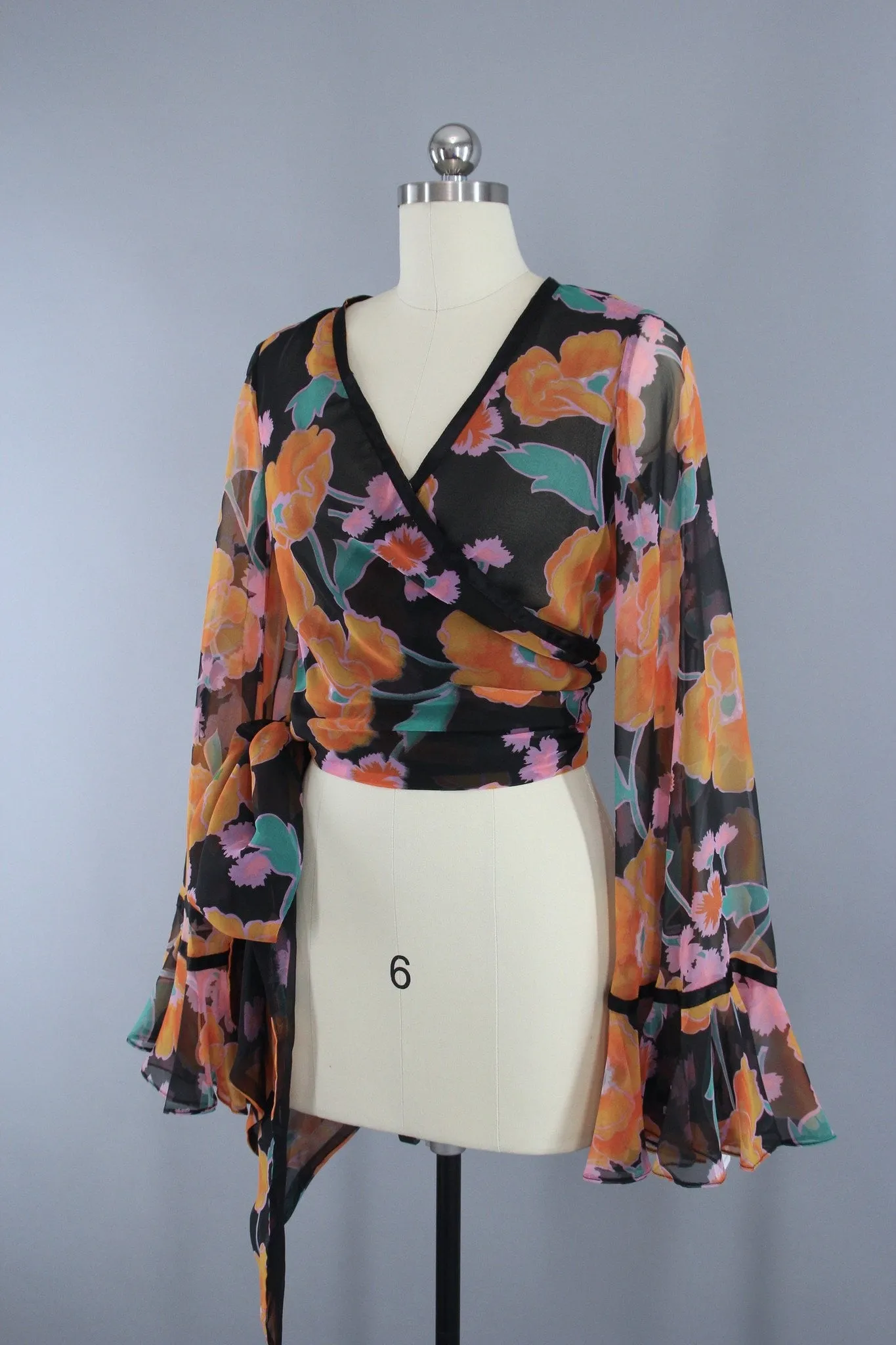 Vintage 1970s Cropped Wrap Blouse in Black Floral Print Chiffon by Scott Barrie