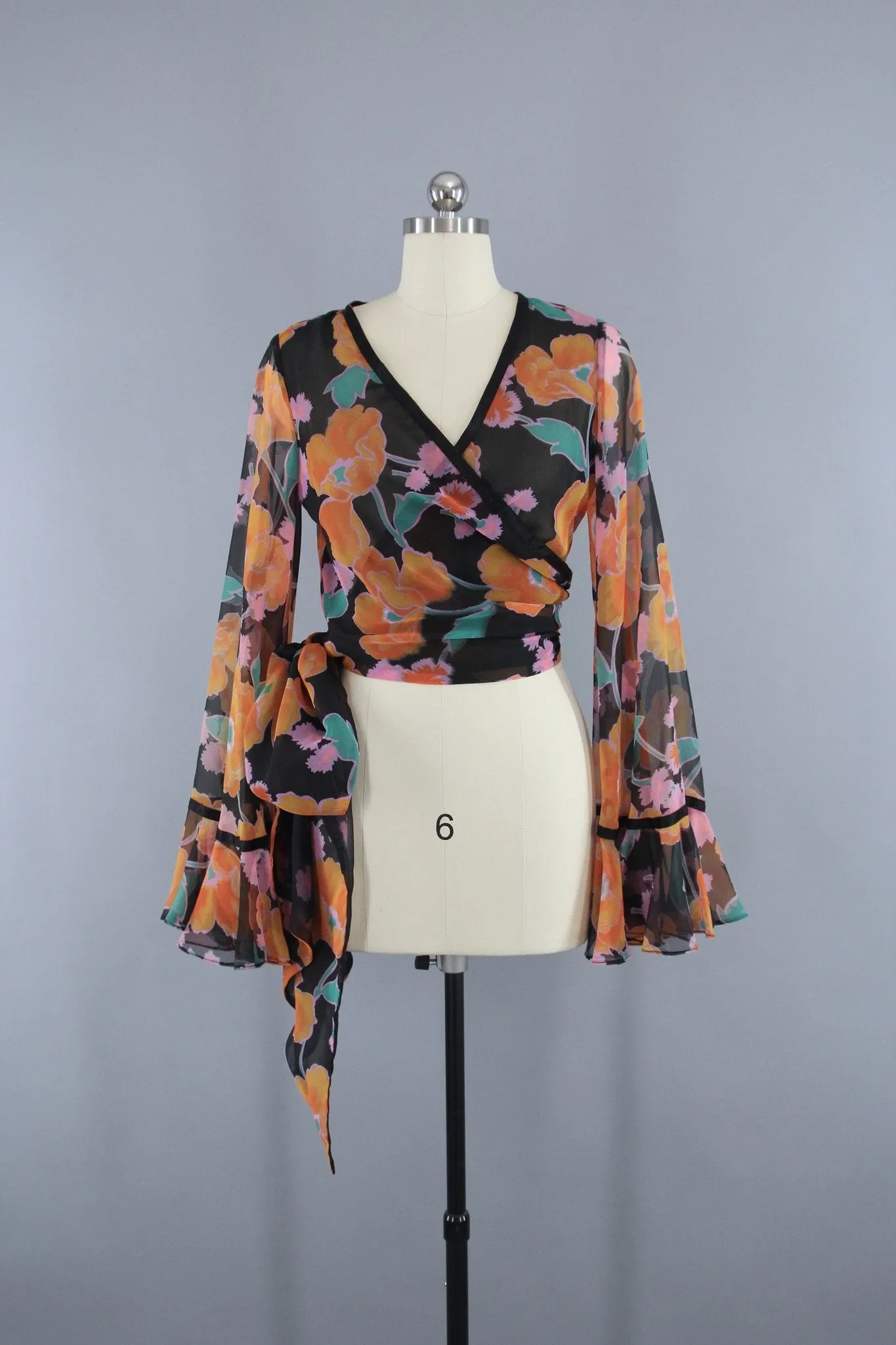 Vintage 1970s Cropped Wrap Blouse in Black Floral Print Chiffon by Scott Barrie