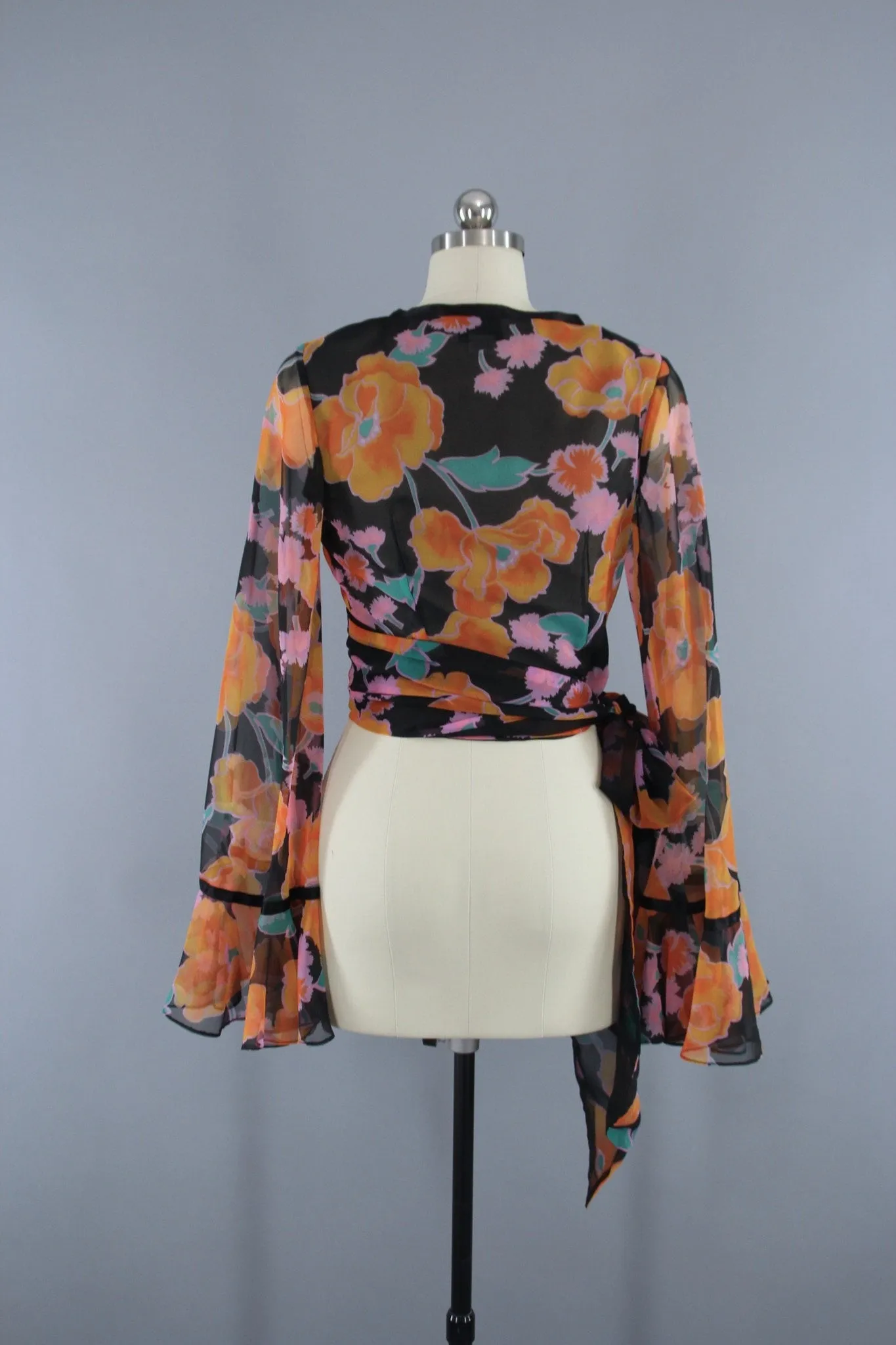 Vintage 1970s Cropped Wrap Blouse in Black Floral Print Chiffon by Scott Barrie