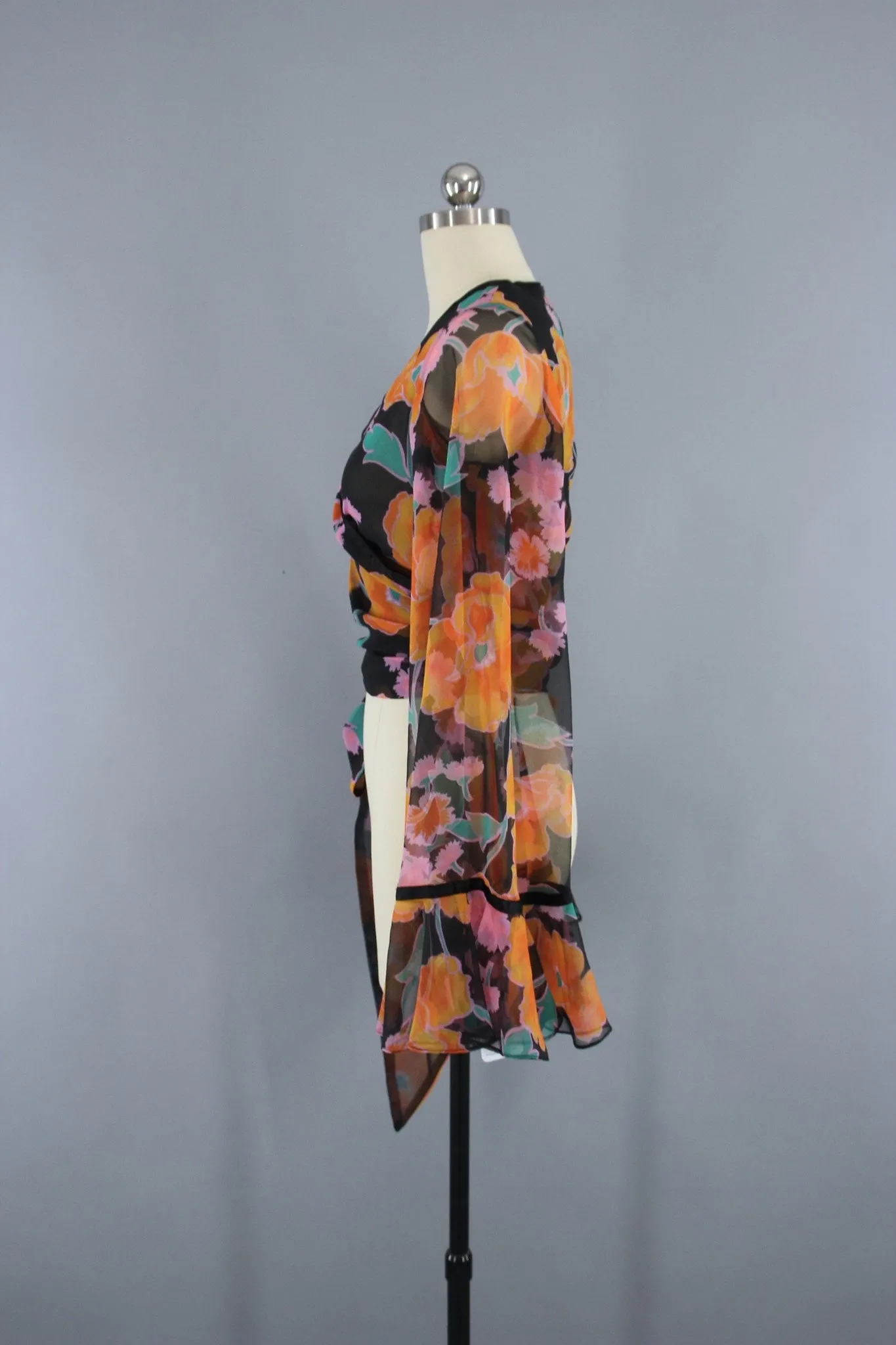 Vintage 1970s Cropped Wrap Blouse in Black Floral Print Chiffon by Scott Barrie
