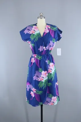 Vintage 1980s Hawaiian Dress / Blue Floral Print