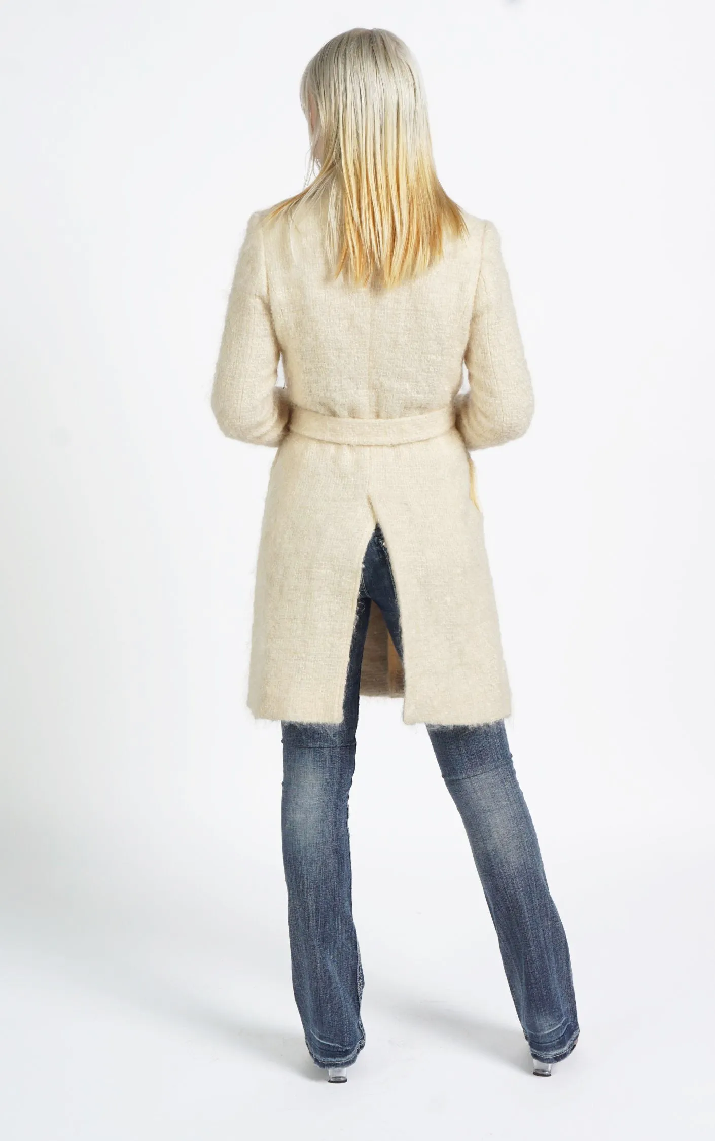 VINTAGE Beige Pastel Fuzzy Angora Wool Belted Stand Collar Coat