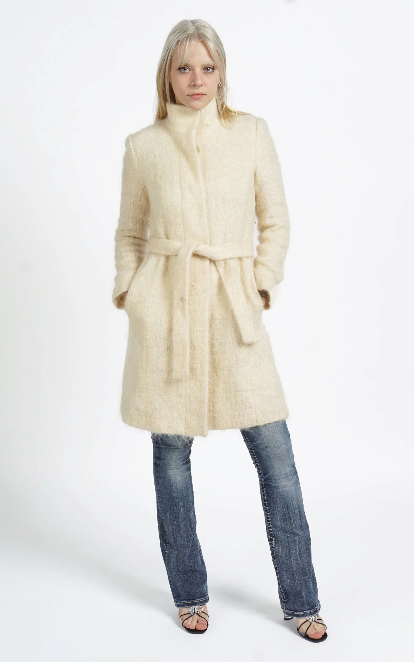 VINTAGE Beige Pastel Fuzzy Angora Wool Belted Stand Collar Coat