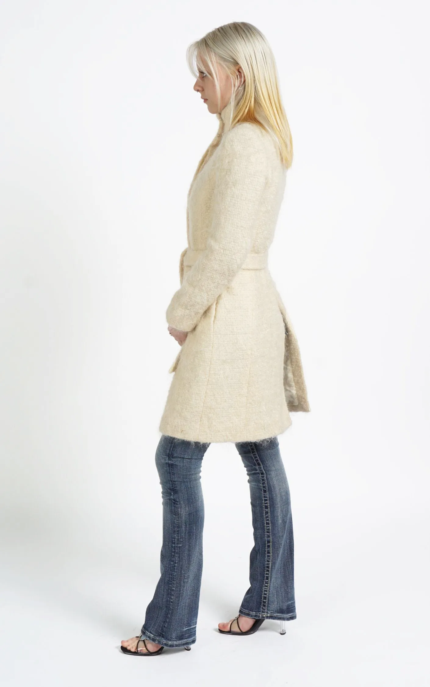 VINTAGE Beige Pastel Fuzzy Angora Wool Belted Stand Collar Coat