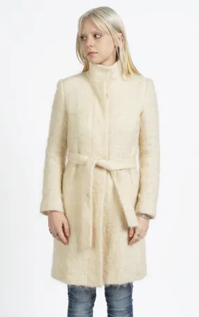 VINTAGE Beige Pastel Fuzzy Angora Wool Belted Stand Collar Coat