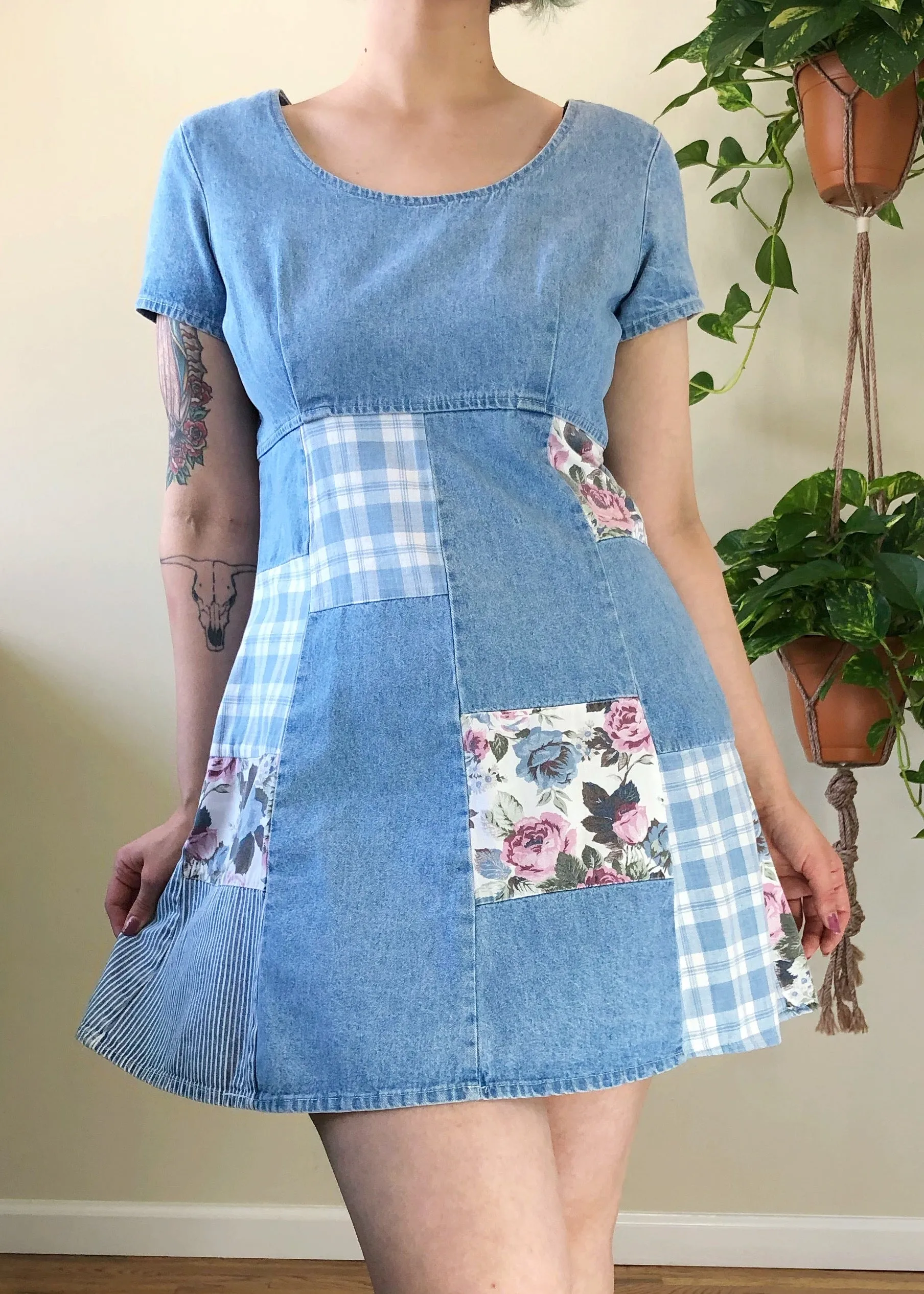 Vintage Denim Patchwork Mini Dress - XL