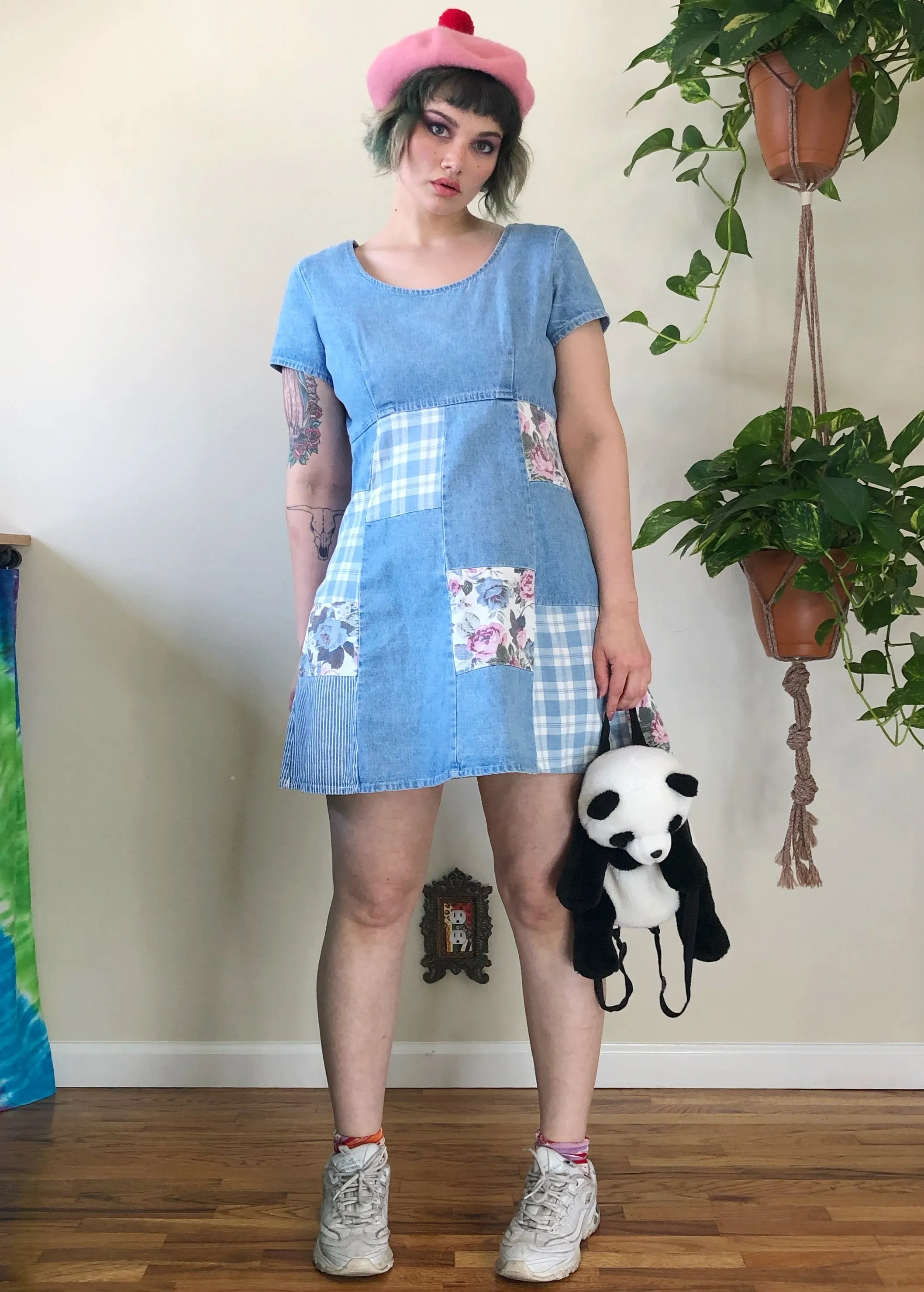 Vintage Denim Patchwork Mini Dress - XL