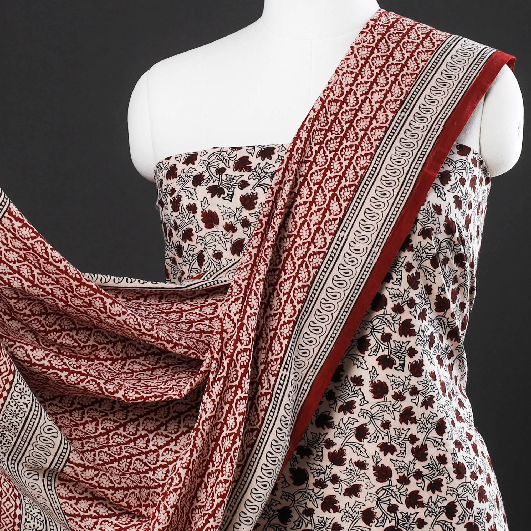 White - 3pc Bagh Block Printed Natural Dyed Cotton Suit Material Set 13