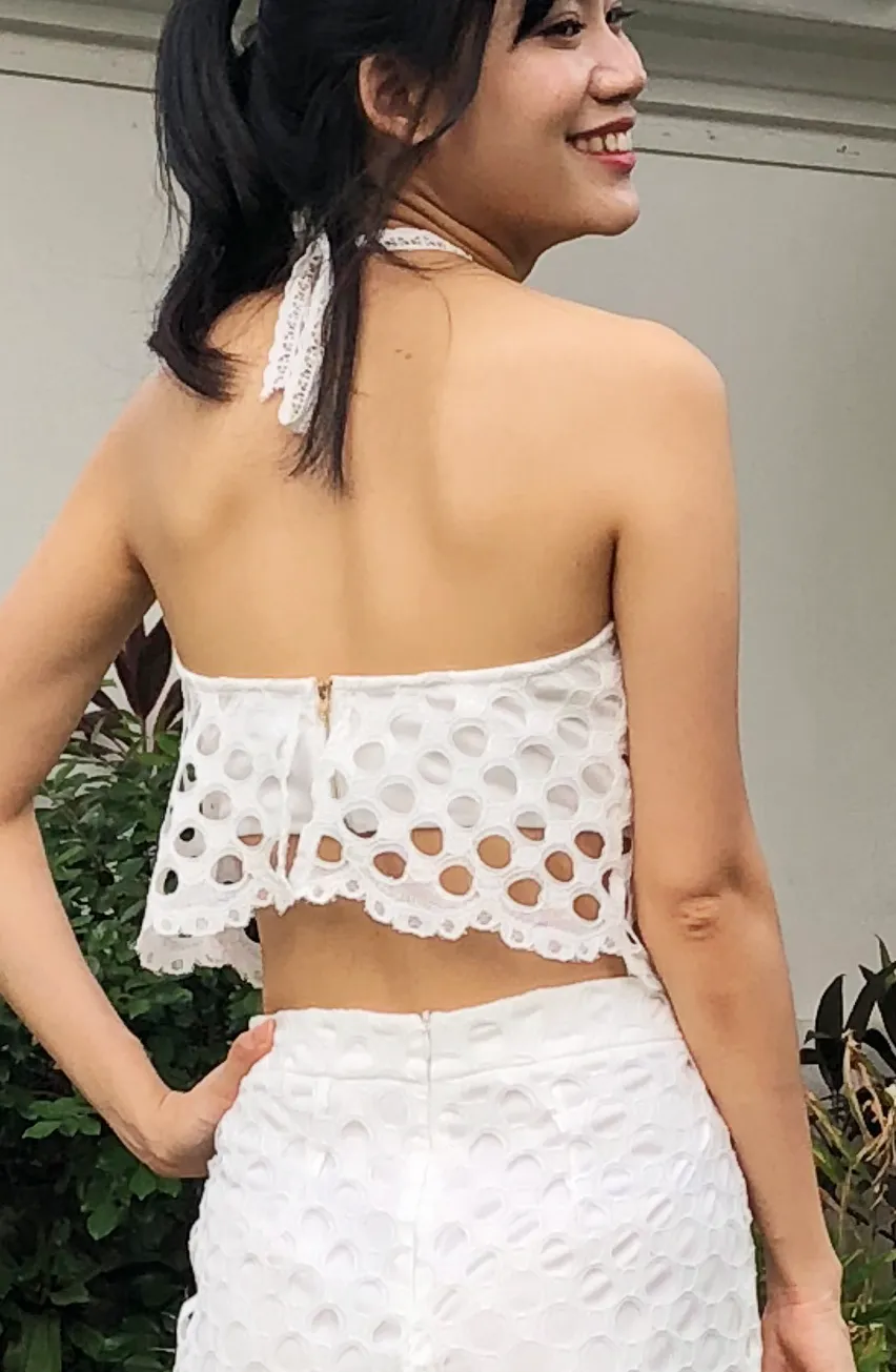 White Rey Summer Halterneck Eyelet Lace Midi Top