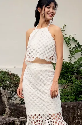 White Rey Summer Halterneck Eyelet Lace Midi Top