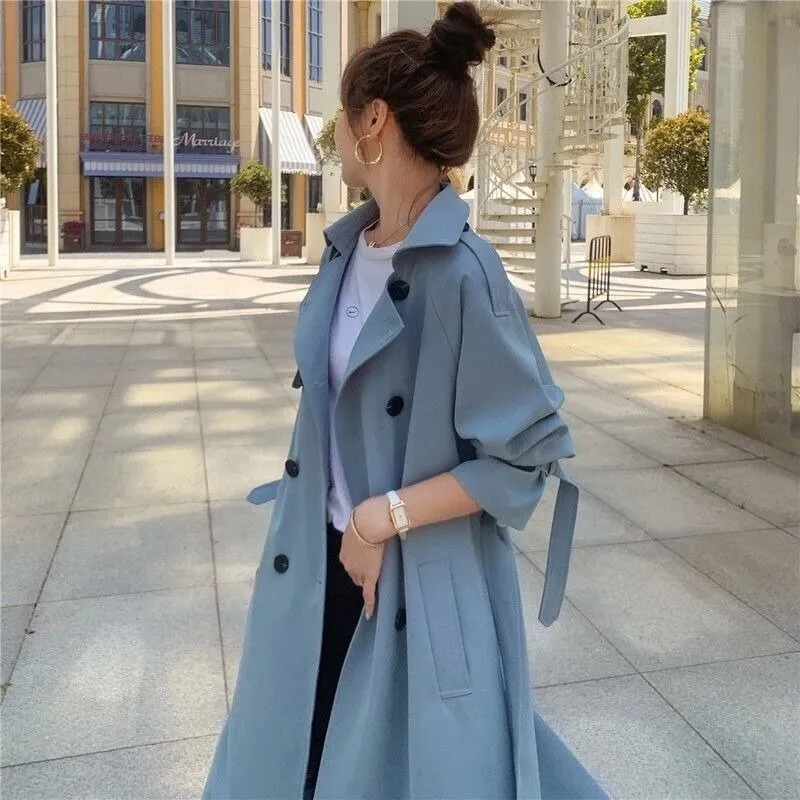 Wjczt Trench Women British Style Windbreaker Spring Autumn Casual Adjustable Waist Temperament Fashion Outwear Vintage Double Breasted