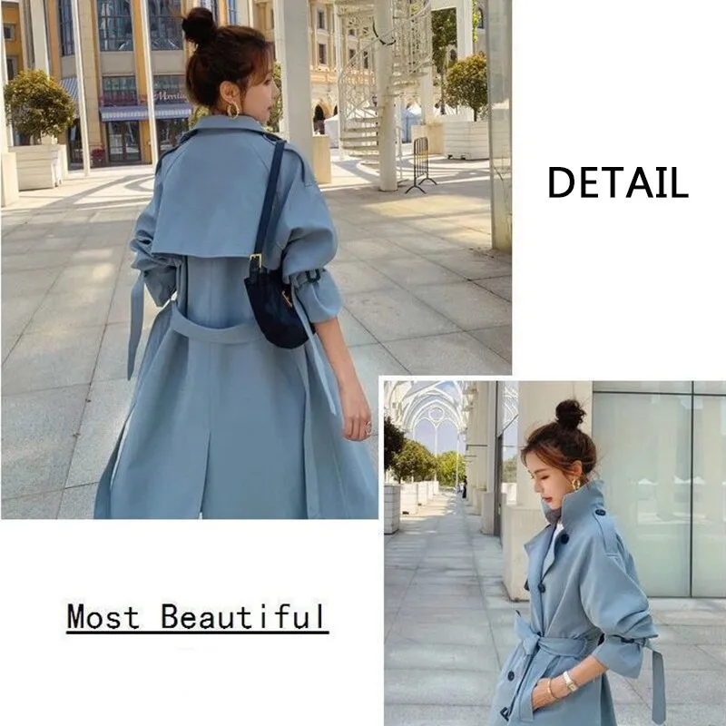 Wjczt Trench Women British Style Windbreaker Spring Autumn Casual Adjustable Waist Temperament Fashion Outwear Vintage Double Breasted