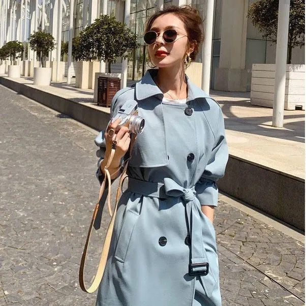Wjczt Trench Women British Style Windbreaker Spring Autumn Casual Adjustable Waist Temperament Fashion Outwear Vintage Double Breasted